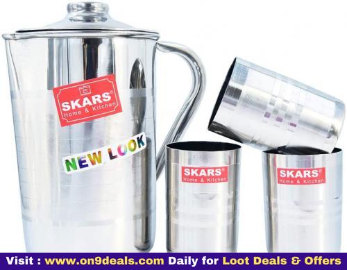 SKARS Stainless Steel Water Jug with 3 Piece Glass Set And With Lid