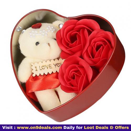 Webelkart Artificial Heart Shaped Box And Teddy And Roses Valentines Day Gift + Free Shipping